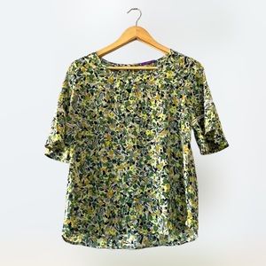 West Kei sz M Pullover Crew Neck Bell Sleeve Back Closure Blouse Green Floral
